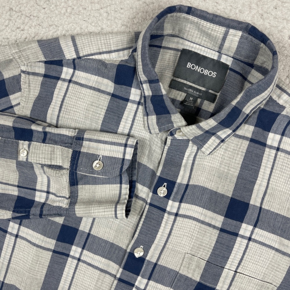 Bonobos Button Down Shirt Mens Medium Short Navy Grey Plaid Tailored Slim Fit